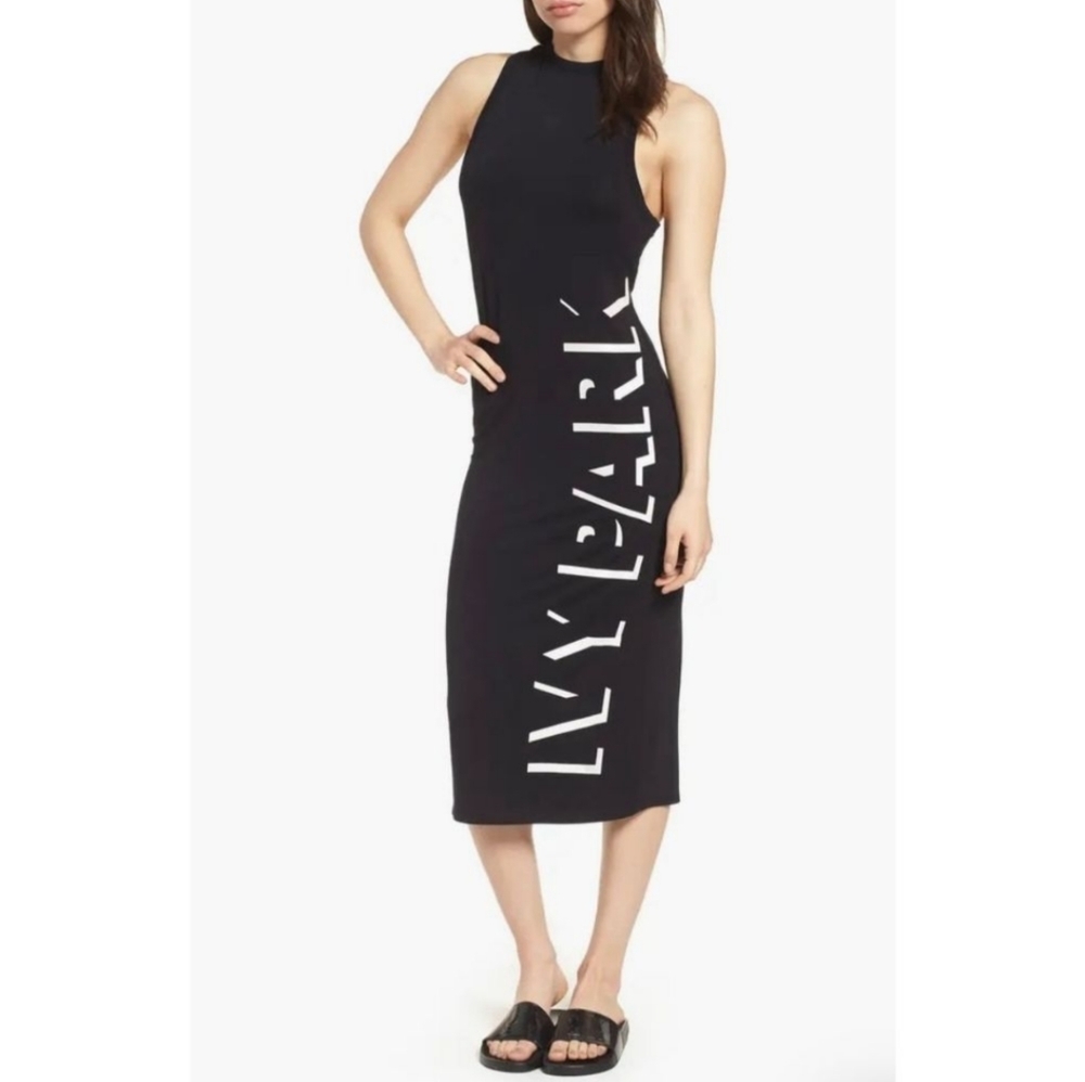 Ivy Park Back Slit Shadow Logo Midi Dress Sz XS Black‎ Sleeveless Stretch Casual